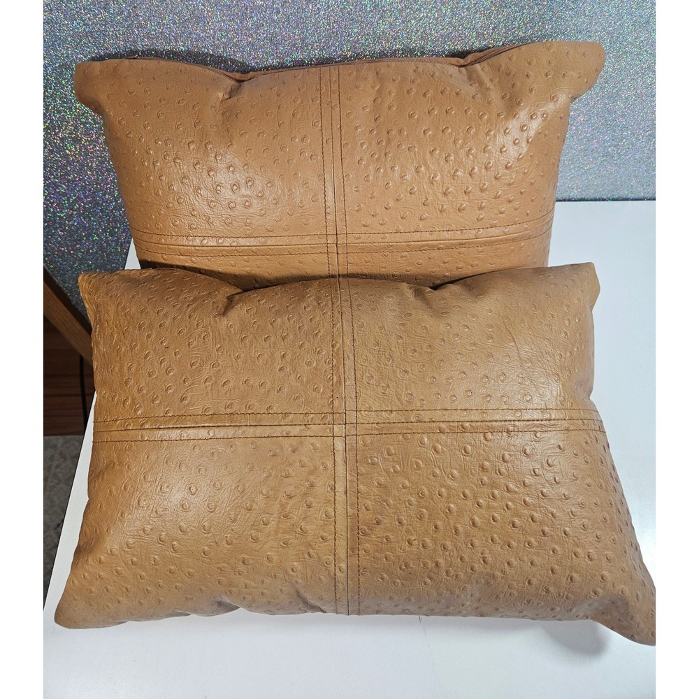 CB2 Rue Leather Pillow Tan Faux Ostrich Quill Embossed Textured 18x10 Set of 2